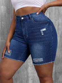 SHEIN SXY Plus Size Summer Casual Slim Fit Distressed Frayed Denim Shorts - Dark Wash - View 1