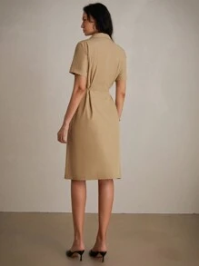 GENKIRA Elegant Short Sleeve Coat-Style Dress With Clean Color And Suit Collar - Khaki - View 5