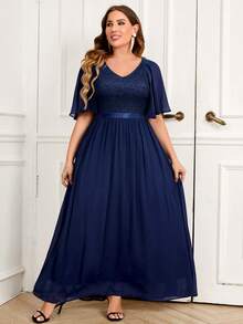 MIUSOL Plus Lace Bodice Butterfly Sleeve Chiffon Formal Party Dress Elegant Prom Evening Wedding Guest Gown, For Graduation, Dinner - Navy Blue - View 5