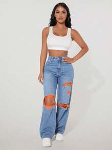 SHEIN PETITE Jeans casuales de pierna recta con agujeros y bolsillos