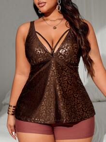 SHEIN Swim Curve Plus Size Women's Leopard Jacquard Vacation Casual Vest Style Tankini Swimwear Set (Random Print) Summer - Brown - View 1