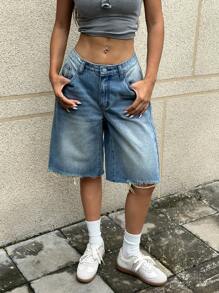 SHEIN EZwear Pantalones cortos vaqueros casuales simples y lisos para damas - Azul - Ver 5