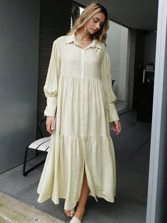 Summer Bohemian Drop-Shoulder Oversized Loose Shirt Dress Front Button Dress