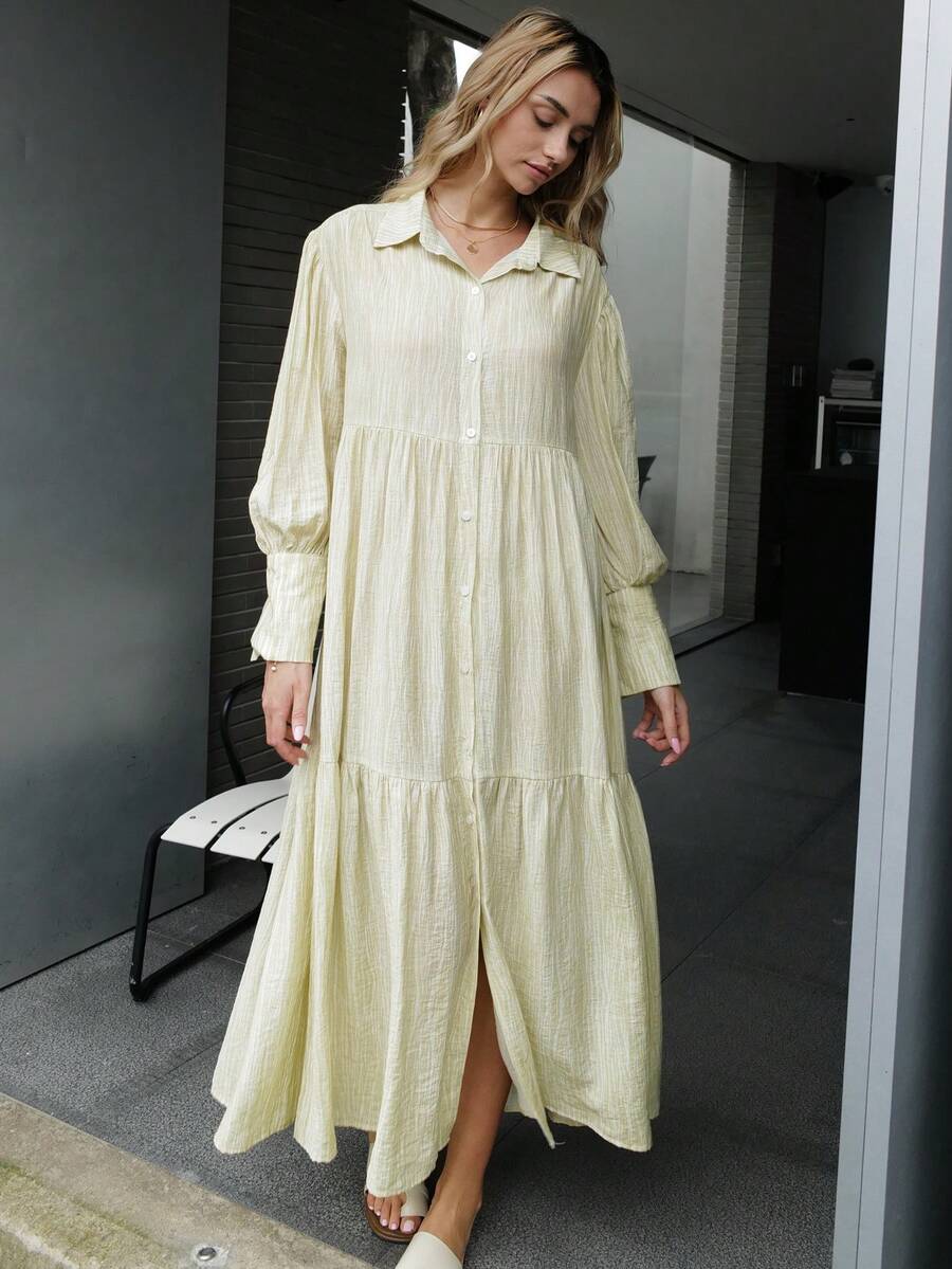 Summer Bohemian Drop-Shoulder Oversized Loose Shirt Dress Front Button Dress - Lime Green - View 1