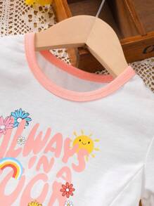 Young Girl's Summer Casual Puff Sleeve Letter Print Dress - White - View 3