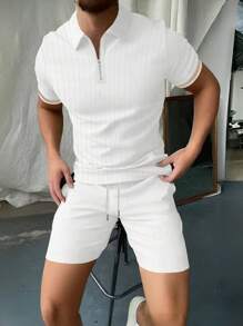 Manfinity Homme Men Plus Size Summer Casual Solid Color Short Sleeve Polo Shirt And Shorts Set - White - View 1