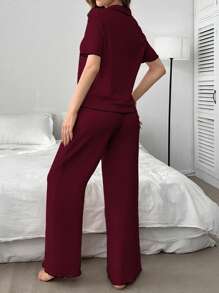 Cherry Embroidery Contrast Trim Short Sleeve Top And Pants Women's Pajama Set Lounge Set