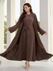 Al Najma Conjunto de 2 piezas de vestido y capa de unicolor de uso diario simple para mujer, conjunto modesto de abaya de 2 piezas - Marrón Mocha - View 1