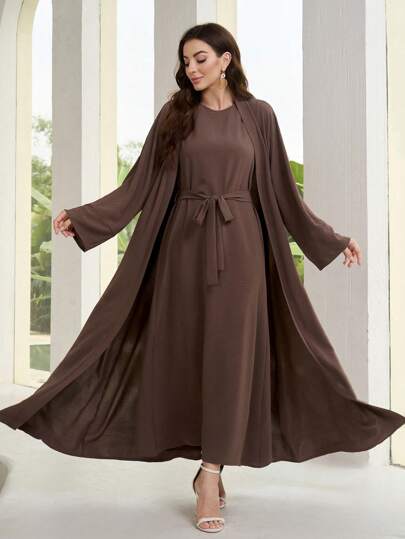 Al Najma Women's Solid Color Simple Daily Cape Coat Dress 2-Piece Set, Modest Abaya Set 2 Piece Set Fall Cloth For Women