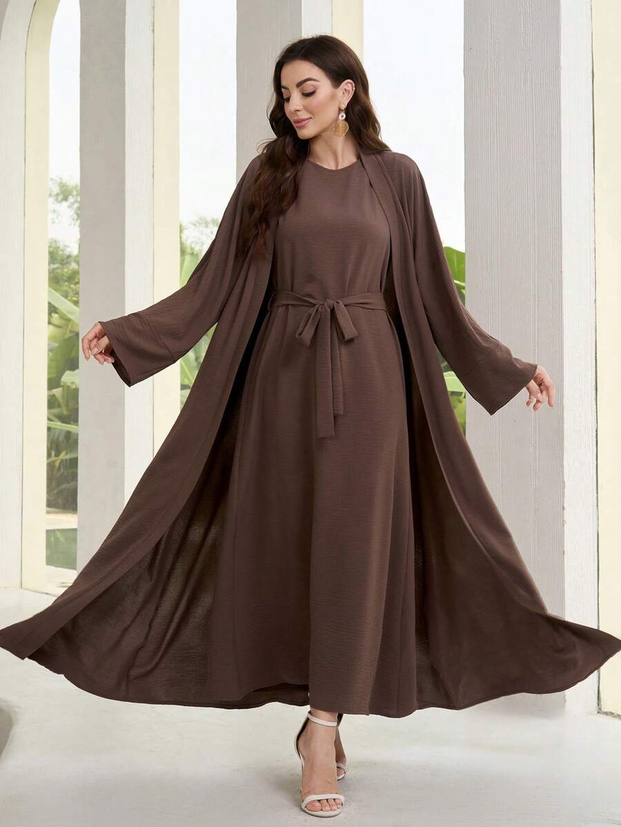 Al Najma Conjunto de 2 piezas de vestido y capa de unicolor de uso diario simple para mujer, conjunto modesto de abaya de 2 piezas - Marrón Mocha - View 1