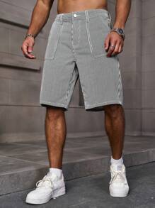Manfinity Homme Quần short denim có túi in sọc và in cúc, trang phục thường ngày mùa hè - Đen và trắng - Xem 6