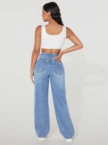 SHEIN PETITE Jeans casuales de pierna recta con agujeros y bolsillos