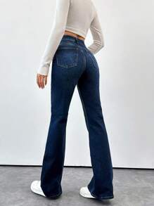 EURMUSE 高腰休閒修身喇叭牛仔褲 - 深色水洗藍 - 查看 2