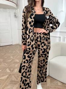 Seusyu Conjunto de 2 piezas estampado de leopardo, sencillo y diario, para mujer - Marrón - Ver 4