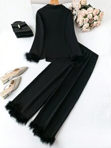 Celure Conjunto de chaqueta y pantalones de talla grande, con chaqueta de manga larga con aplicación esponjosa y abotonadura sencilla - Negro - Ver 2