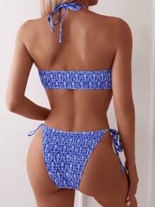 SHEIN Swim 1set Women's Vacation Beach Halter Bikini Set (Random Print) For Summer - Blue - View 3