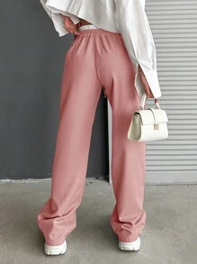 EURMUSE Women's Solid Color Simple Daily Casual Pants - Berwarna merah muda - View 2