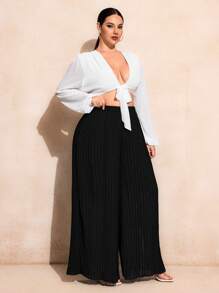 SHEIN SXY Plus Size Summer Solid Color Deep V-Neck Strap Cropped Top & Pleated Wide Leg Pants Set - Multicolor - View 4