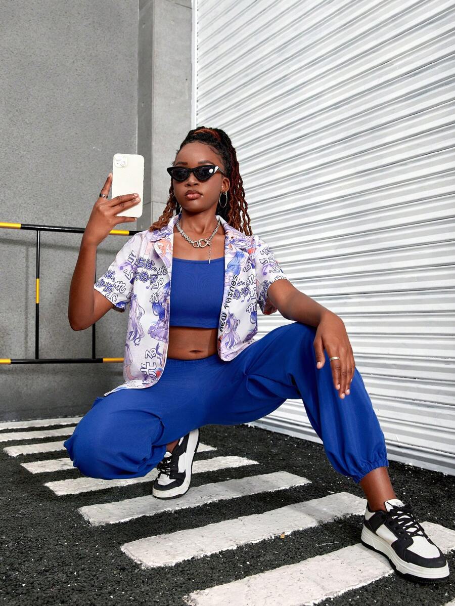 Teen Girls' Casual Street Style Loose Y2K Shirt And Suspender Cargo Pants Set With Cartoon Print - Blue - View 1