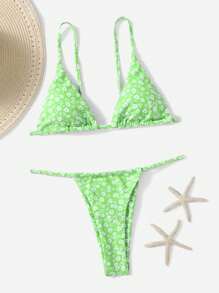 SHEIN Swim 女士夏季沙灘小碎花性感比基尼套裝，隨機印花 - 綠色 - 查看 4