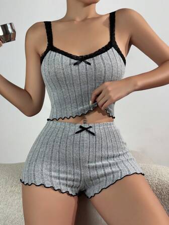 ZzzCrew Lace Trimmed Cami Top & Shorts Pajama Set Grey Lounge Set