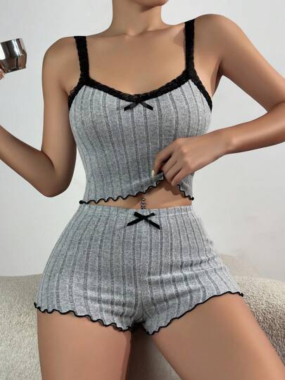 ZzzCrew Lace Trimmed Cami Top & Shorts Pajama Set Grey Lounge Set