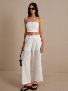 SHEIN Frenchy Embroidered Tube Top And Pants Set, Elastic Back Wrapped Chest, Low Waist Design, Cute Outfit For Casual, Holiday, Music Festivals, And Wedding Season