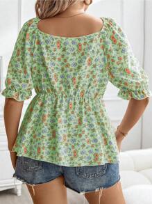 Flirla Plus Size Floral Printed Shirt With Sweetheart Neckline And Ruffled Hem, Short Sleeve, Summer - Green - View 2