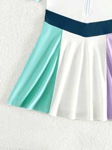 SHEIN Cute Color Block One-Piece Swimsuit With Ruffle Edge And Active Style Skirt, Beach/Swimming Pool Wear - White - View 3