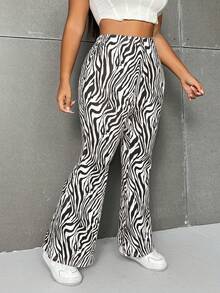 Flirla Pantalones casuales de talla grande con estampado de cebra y corte acampanado para mujer - Marrón - Ver 5