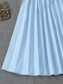 SHEIN Vestido elegante con cuello de camisa y línea A de unicolor sin mangas para niñas jóvenes con cinturón de cintura plisado y boina, adecuado para fiestas y vacaciones, verano - Azul - Ver 5