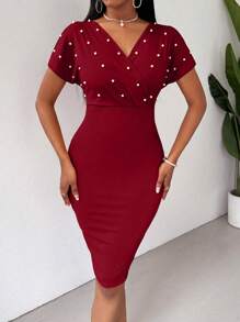 SHEIN Clasi Ladies' Solid Color Simple Daily Dress With Stud Embellishments For New Year Clothes - Red - View 4