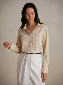 SHEIN Privé 紋理工作服長袖女士通勤襯衫 - 杏色 - 查看 5