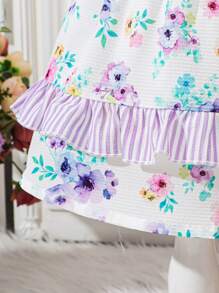 Baby Girls' Flower Print Patchwork Striped Ruffle Dress And Short Sleeve Top Set