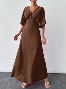 SHEIN Cottnline Women's Solid Color Simple Daily Pleated Dress - Brown - View 4