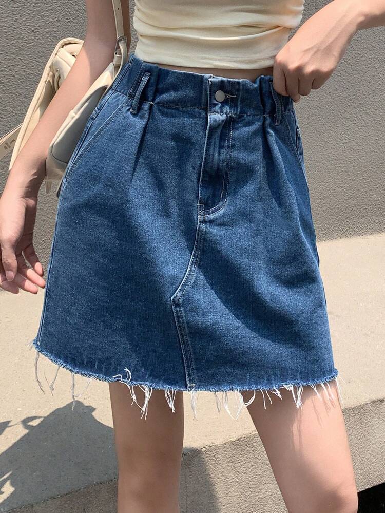 Women's Frayed Edge Pleated Casual Summer Mini Skirt Jeans Skirt