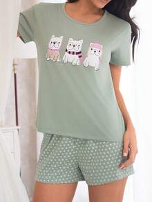 SHEIN 女士短款睡衣套裝，短袖短褲，英國鬥牛犬印花 - 綠色 - 查看 5