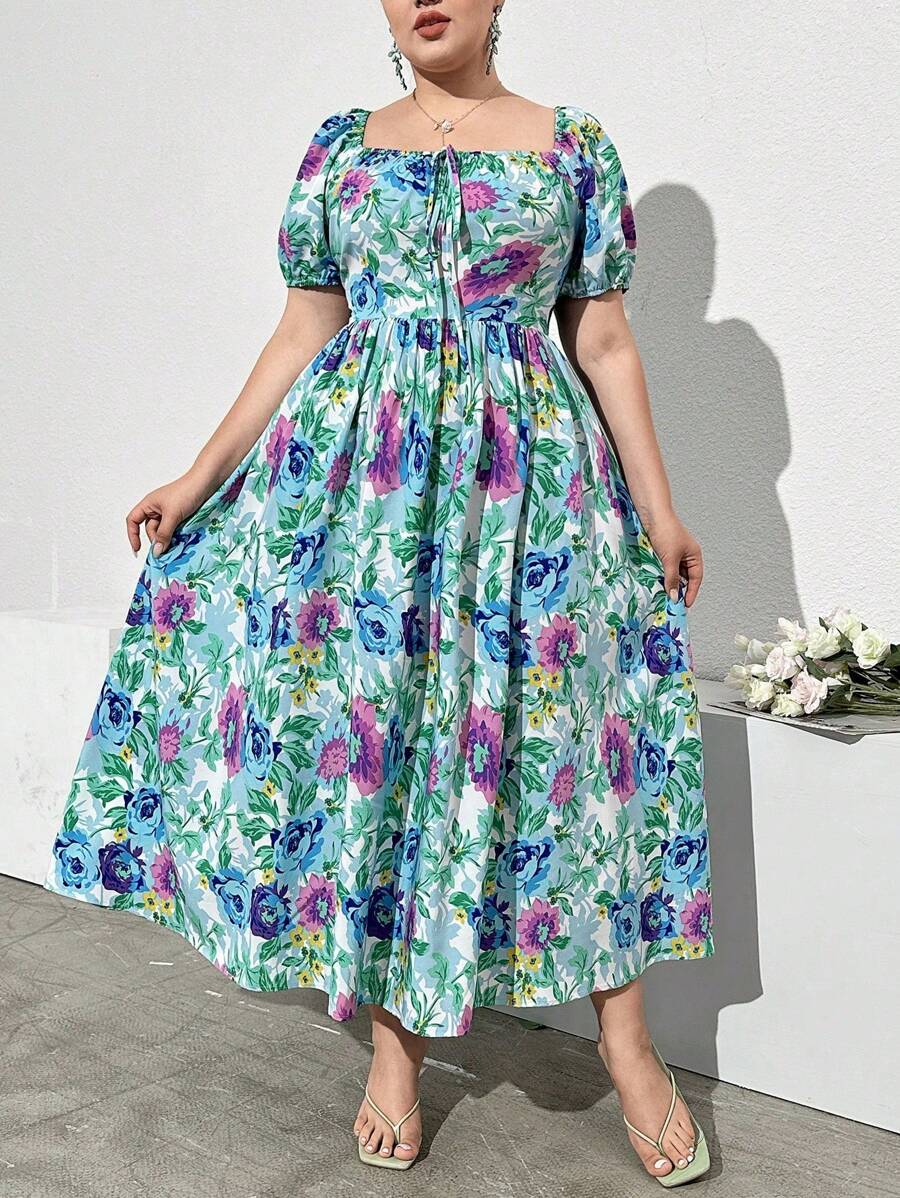 Mulvari Plus Size Women's Casual Short Sleeve Printed Basic Daily Dress - Multicolor - View 1