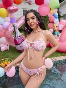 SHEIN Swim Women's Floral Print Front Tie Sexy Bikini Set For Vacation (Random Print), Underwire Design, Not Push Up Summer - Multicolor - View 7