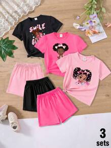 SHEIN Conjunto de 3 piezas para niña joven, fashion de camiseta de manga corta con impresión de dibujos animados de niña linda y shorts (2 piezas por conjunto)