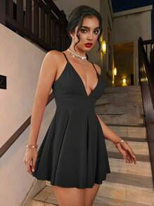 Glamine Solid Color Deep V-Neck Spaghetti Strap Sleeveless A-Line Dress With Open Back, Summer And Sexy Mini Short Women Outfit - Black - View 4