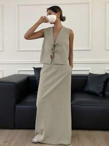 DAZY 女士夏季纯色背心和裙子套装（带腰带）、女士两件套、返校服 - 卡其色 - 查看 5