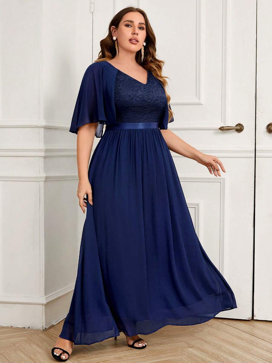 MIUSOL Plus Lace Bodice Butterfly Sleeve Chiffon Formal Party Dress Elegant Prom Evening Wedding Guest Gown, For Graduation, Dinner - Navy Blue - View 1