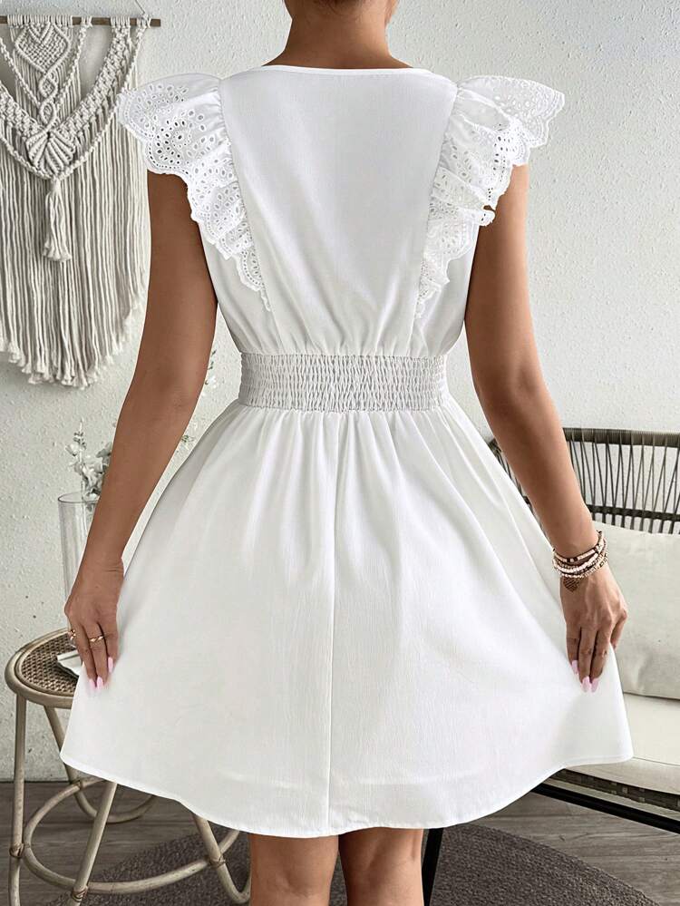 Embroidered Fabric 3D Ruffle Trim Splice, Waist Cinching Design, Textured Mini Vacation Style Dress