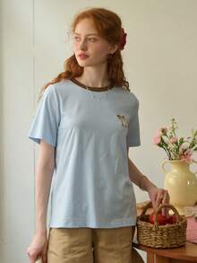 Simple Retro Camiseta casual redonda para mujer con bordado personalizado en la insignia - Azul - View 8