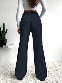 SHEIN Cottnline Solid Color Casual Straight Leg Jeans - Dark Grey - View 4