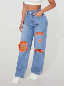 SHEIN PETITE Jeans casuales de pierna recta con agujeros y bolsillos
