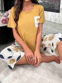 Bộ đồ ngủ mùa hè cổ tròn in hoa cho nữ và quần capri - Màu vàng - Xem 3
