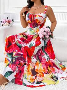 Elenzga Plus Size Women's Simple Daily Random Printed Dress Maxi Women Outfit - Multicolor - View 1