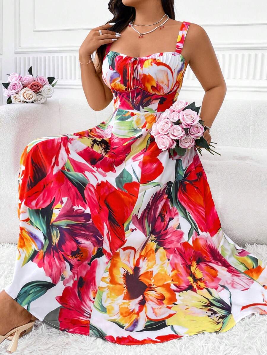 Elenzga Plus Size Women's Simple Daily Random Printed Dress Maxi Women Outfit - Multicolor - View 1